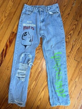 Light Blue Graphic Jeans with Green Script